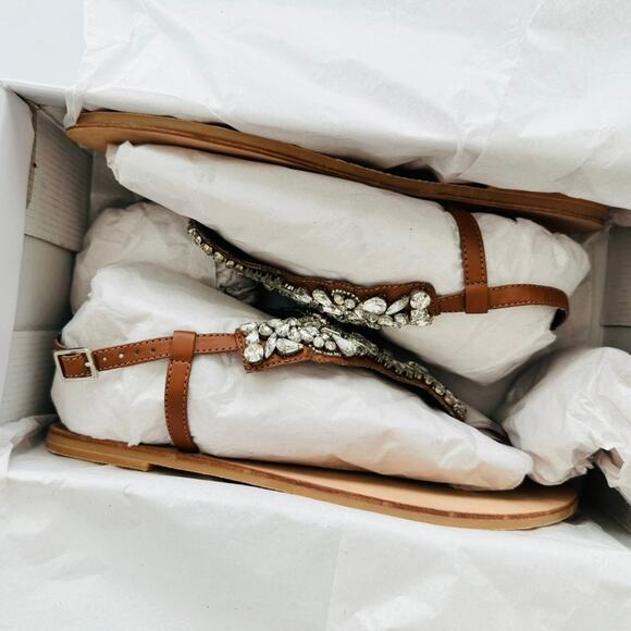 Anthropologie Crystal Thong Brown Leather Sandal US 9 NEW Flat Made in India - Picture 5 of 6